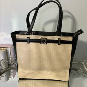 kate spade Black and Cream Woven Tote with Logo Accent